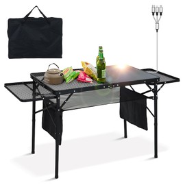 WORKOOT Grill Table, Camping Table, Tailgate Table with 45W Solar Panel, Multiple Outputs for Electronic Devices Charger, Adjustable Height, Mesh Bag, Side-Pocket, Carry Handle for Outdoor Activities