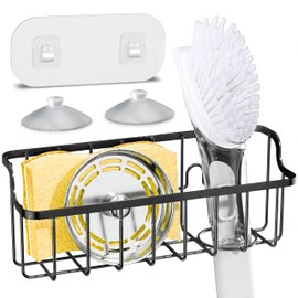 Sponge Holder for Kitchen Sink: 2-in-1 Kitchen Organizer for a Sponge & Dish Brush- 304 Stainless Steel Sink Caddy with Suction Cups & Adhesive Hook - Matte Black