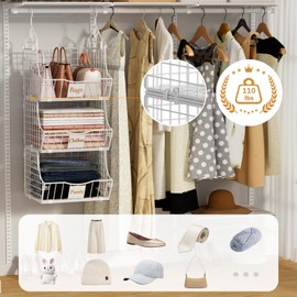 Poerlve Hanging Closet Organizers and Storage, 2 Tier Closet Shelf Clothes Organizer with 2 S-Hooks, Multi-Functional Iron Wire Baskets, for Clothing, Sweaters, Handbags, Hat, Canned