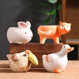 Yuccasly 4 Piece Ceramic Plant pots Indoor Pots Set with Drainage Holes, Little Animal Decorative Flower Pots for Indoor&Outdoor Little Plants, Cute Cactus/Bonsai Plant Pots