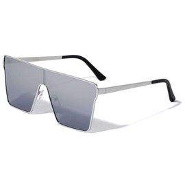 Dweebzilla Oversized Square One Piece Shield Lens Aviator Sunglasses (Silver & Black Frame - Silver Mirror Lens)