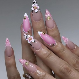 Handmade Press on Nails Medium Almond Fake Nails with White Flower Charm Design Pearl French Tips False Nails Seashell Starfish Stick on Nails Glossy Summer Glue on Nails for Women Manicure 24Pcs