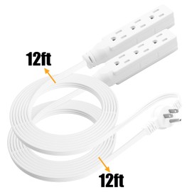 Makevivi Twin Extension Cord, 24 Ft Flat Wall Plug, 12 Feet on Each Side, 3 Prong Power Strip with 6 Outlets, Double Extension Cord Splitter for Behind Bed, Couch, Nightstand, Furniture, White