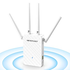 NEWFAST WLAN Amplifier, 300 Mbit/s WiFi Extender Powerful WLAN Repeater with 4 Swivelling Antennas, Ethernet Port, MU-MIMO, Support Repeater/Router/Ap Mode for Home and Office, EU Plug, White