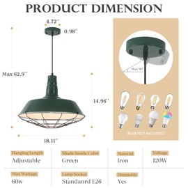 HOLOHATAL Green Industrial Pendant Lights Kitchen Island, 18.1 Inch Large Pendant Light, Farmhouse Pendant Light with Wire Cage, Barn Pendant 2 Pack, Island Pendant Lights for Kitchen Dining Room