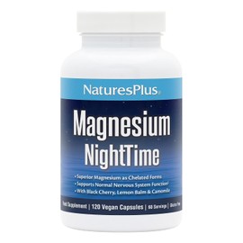 NaturesPlus Magnesium Night Time - Magnesium Glycinate and Taurate Supplement with L-Theanine, Ashwagandha, Lemon Balm, B6, Hops - Vegan, Gluten Free - Capsules