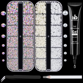 Nail Art Rhinestone Glue Gel&2 Boxes Flatback Gems Accessories Kit, 1 Tube of 15ml Rhinestone Gel Glue(UV/LED Needed)+Round AB Gems+Flat-back Half Round White&Beige Pearls with Pickup Tools
