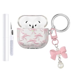AIIEKZ Compatible with AirPods 4 Case Cover 2024, Soft TPU with Cute Flower Pattern for AirPods 4th Generation Case with Flower Keychain and Cleaning Kit for Girls Women (Pink Bow)