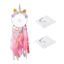 1 Piece Unicorn Dream Catcher, 2 Pieces Hooks, Wall-Mounted Dream Catcher, Colorful Feather Five-Ring Dream Catcher, Dream Catcher Set, Pink Bedroom Accessories