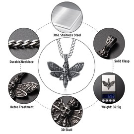 KIRTIJW Skull Necklace Stainless Steel Gothic Punk Biker Death's-Head Hawkmoth Skull Pendant Necklace Jewelry for Men 60cm