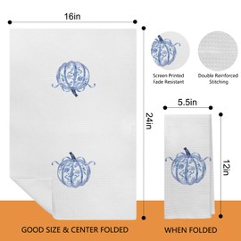 Kemingni Fall Blue Chinoiserie Pumpkin Kitchen Towels Set of 2, Autumn Coquette Bow Pumpkin Decorative Hand Towels for Bathroom, Fall Dish Towels,Fall Pumpkin Kitchen Bathroom Decor,16x24 Inch