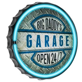 Big Daddy's Garage Open 24/7 LED Neon Rope Sign, LED Light Rope With Neon Like Effect, 12" Round Bottle Cap Shape, Batteries Or Plug-In, Ready To Hang In Home, Bar, Garage, Or Man Cave