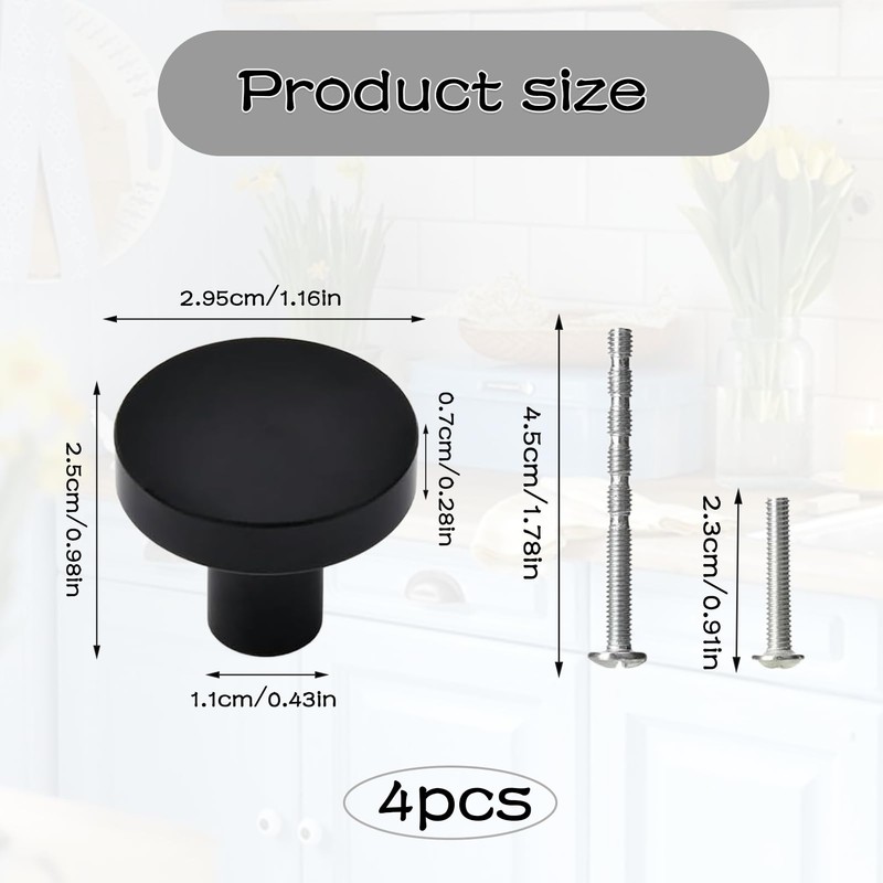 4PCS Black Drawer Knobs Matte Round Flat Black Cupboard Knobs