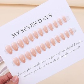 Hkanlre Uñas postizas color nude, cobertura total, almendra, uñas postizas medianas, uñas postizas a presión para mujeres, 24 unidades