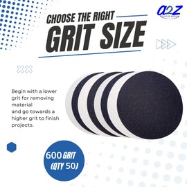 A2Z Tools & More Premium 5 Inch Hook and Loop Grip Sanding Discs - No Hole Black Silicon Carbide Sandpaper - for Stone, Metal, Wood Floor, Auto Body Repair, Paint, and Plastics (600 Grit Pack of 50)