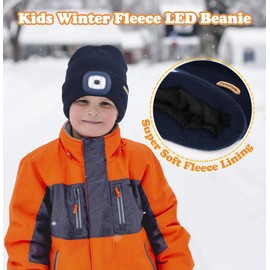 YunTuo Fleece Lined Kids LED Beanie Headlamp Hat with Light Bulit in, USB Rechargeable Flashlight Winter Knitted Stocking Caps, Gifts for Boy Girl Children
