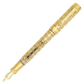 Gullor Openwork Gold Fountain Pen with Gift Box, Screw Cap, Transparent Barrel, Fine Nib