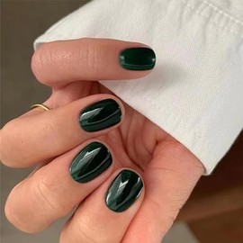 Pack of 24 Glue-On Nails - Press On Nails with Glue, Artificial Nails, Fake Nails for Nails Art, Beautiful Square French Fingernails (Dark Green)