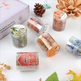 Diuhofart 6 Rolls Nordic Town Seasons Houses Series Stickers Transparent PET Tape for Journaling, Decorative Tape Set for Scrapbooking, Junk Journal Supplies, Collage, DIY Crafts Arts