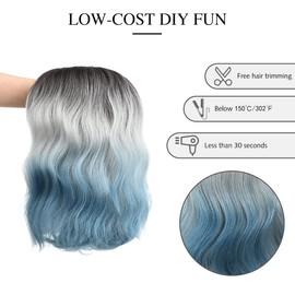 Yamel Wavy Bob Wig with Bangs Natural Ombre Silver Blue Wig Synthetic Hair Shoulder Length Short Curly Ombre Wigs for Women