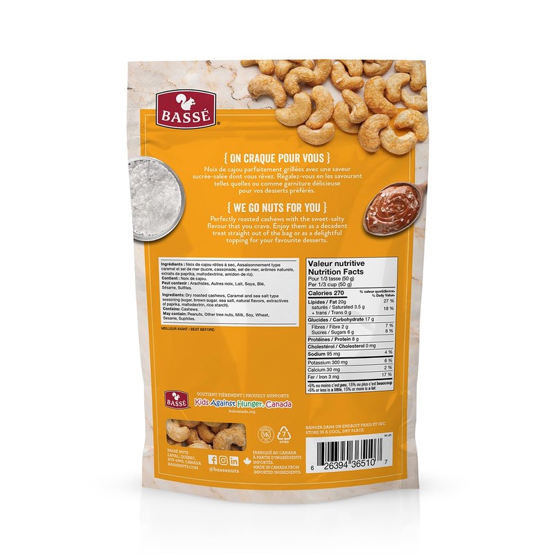 Bassé Sea Salt & Caramel Cashews - Subtle, Light, Crunchy,
