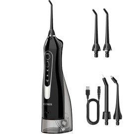 COSLUS Water Flosser Dental Pick: 300ML Oral Irrigator for Teeth Cleaning, Orthodontic, Braces & Sensitive Gums, Cordless Portable for Travel, IPX7 Waterproof, for Adults Teens Family Use, with 4 Tips