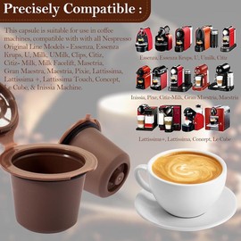 Yerleomit Pack of 6 Refillable Coffee Capsules for Nespresso, Refillable Capsules Reusable Capsule Coffee Capsules Refillable Capsule for Nespresso with Coffee Spoon and Brush Brown