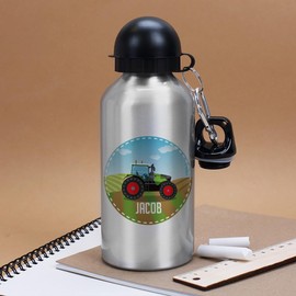 Striefchen® Children's Drinking Bottle with Tractor Motif and Name of Choice 500 ml BPA Free Aluminium Silver