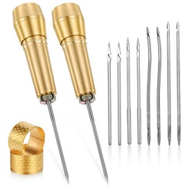 14 PCS Leather Sewing Awl Needle Set with Copper Handle, Leather Sewing Needle Awl with 10 Needles Stitching Awl Hand Stitcher Shoe Repair Tool Kit for Leather Craft Sewing Tools Shoe Leather Repair