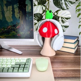 Mushroom Headphone Stand - Cute Headset Holder - Kawaii Desk Accessories - Green Gaming Setup - Cottage Core Gaming Desk (Red)