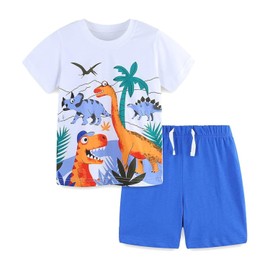 AGCOAH Boy Shorts Sets Dinosaur Animal Print Shirt Summer Outfits Set 2pcs Casual Clothes(Blue M-3-4Y)