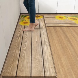 Nesphy Anti-Fatigue Sunflower Kitchen Rug Set of 2 Cushioned Wooden Background Mat for Floor, Standing Waterproof Non-Slip Rug PVC Ergonomic Comfort Foam Kitchen Decor