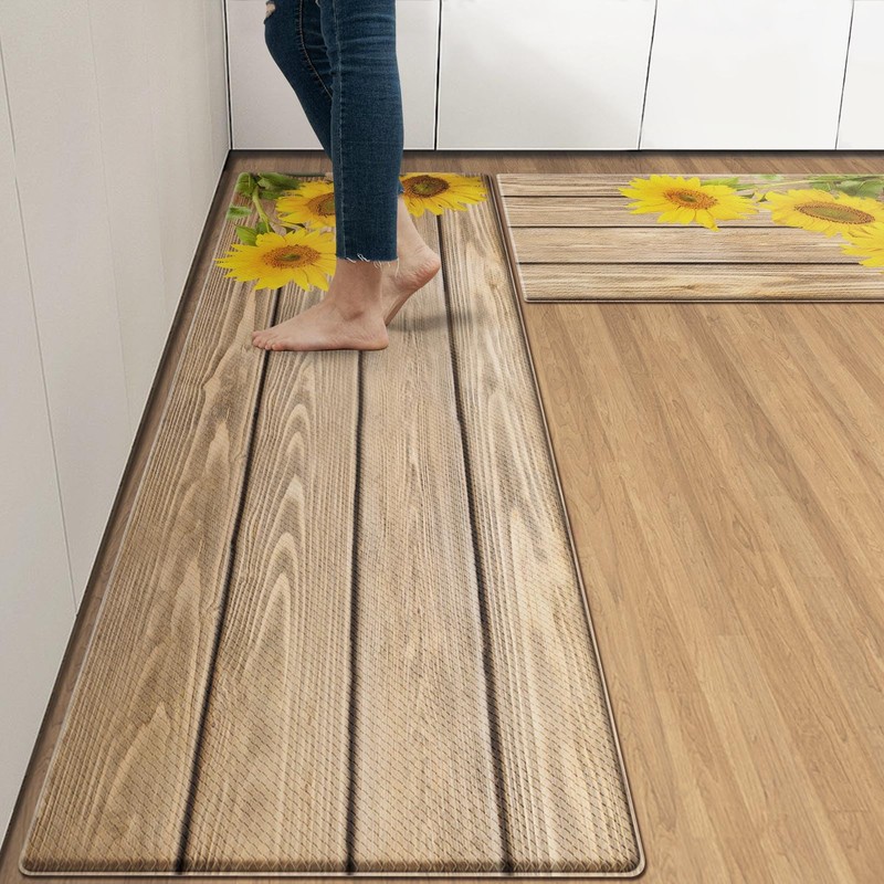 Anti-Fatigue Sunflower Kitchen Rug Set of 2 Cushioned Wooden Background
