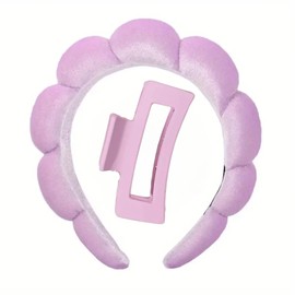 Spa Headband and Flower Hair Clip Set, 2 Pieces, (Purple Headband, Rectangle Clip)