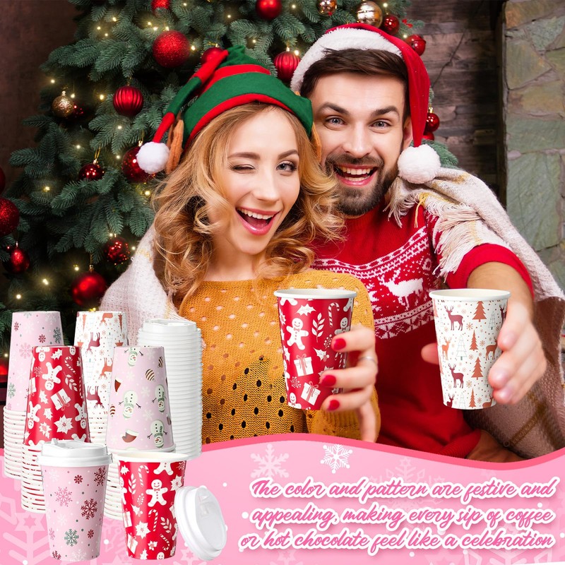 120 Pack Christmas Disposable Cups with Lid 12oz Hot Drink,