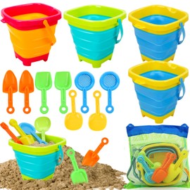 TOY Life Collapsible Beach Toys for Kids with 4 Silicone Collapsible Sand Buckets & 8 Shovels & Mesh Bag, Travel Beach Essentials for Kids Sand Toys Toddlers, Sandbox Toys for Boys Girls Ages 3-5 4-8