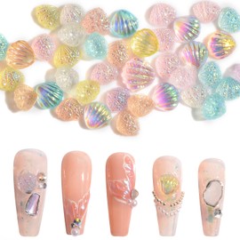 MEILINDS Resin Seashell Nail Charms Iridescent Mermaid 3D Shell Nail Charms Summer Ocean Theme Nail Charms Shine Shell Nail Art Designs DIY Manicure Decoration