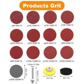 KONGMING 130 Pcs Sanding Disc 50 mm Hook and Loop Grit 80 100 120 150 240 320 400 600 800 1000 1200 2000 3000 Sanding Pad 2 inch Drill Sanding Attachment