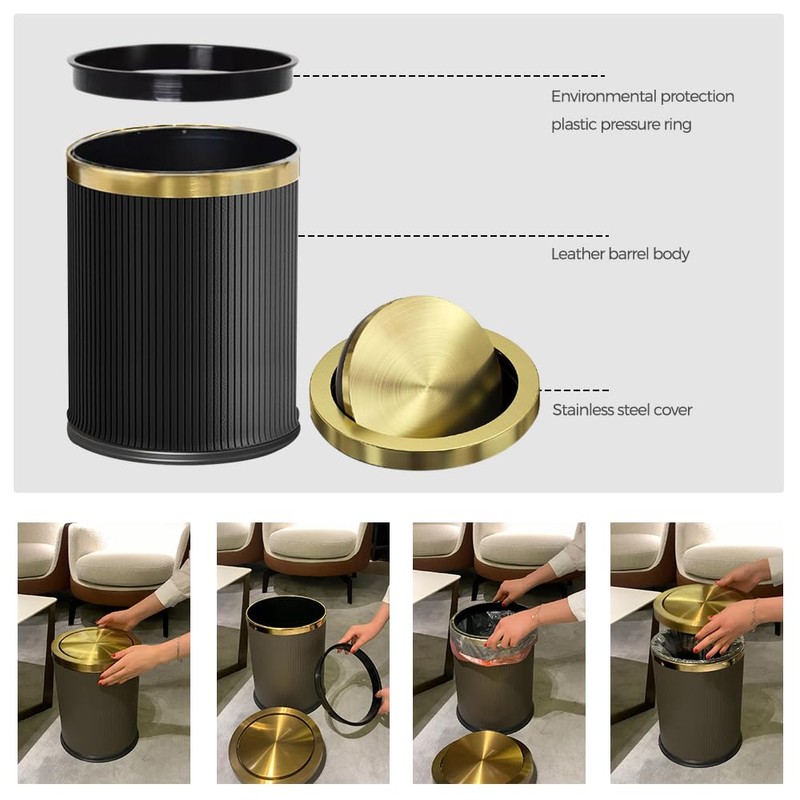 LEASYLIFE 15L/4GAL Black Bathroom Trash can,Gold Bathroom Garbage can with