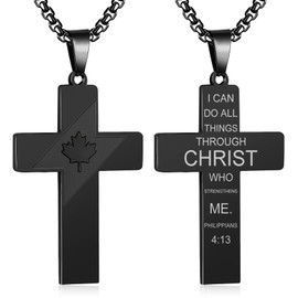 HSWYFCJY Black Canada Flag Cross Necklace for Men,Philippians 4:13 Christian Scripture Bible Verse Holy Pendant Necklace First Communion Confirmation Gifts for Boys(24 inches)