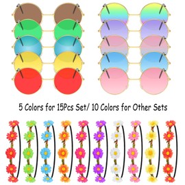 Morcheiong 30 Pcs Hippie Costume Accessory Set Includes Multicolor Daisy Flower Headbands,Round Hippie Sunglasses and Peace Sign Necklaces for 60s 70s Hippie Party Supplies