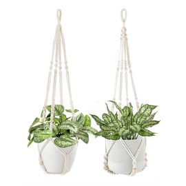 Dahey Macrame Plant Hanger Indoor Hanging Planter Basket with Wood Beads Handmade Woven Cotton Rope Flower Pot Holder Stand for Boho Outdoor Home Decor No Tassels, 35 Inch, Set of 2