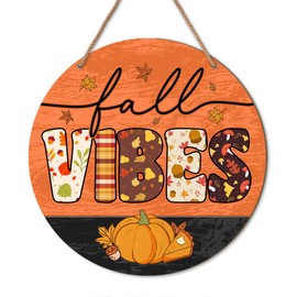 Orange Pumpkin Fall Vibes Wooden Sign Wall Decor, Farmhouse Fall Wood Hanging Signs Decorations for Home Office Kitchen Front Door, Autumn Thanksgiving Door Sign Decor