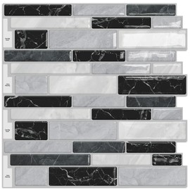 DEWOO Kitchen Backsplash Self Adhesive Wall 3D Marble Tiles Peel and Stick Bathroom, Black Mosaic (10-Sheet, 12"×12")