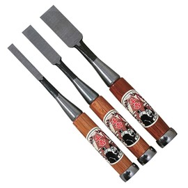 Senkichi Copper Prize Chisel, Push Only, Blade Width 0.4, 0.6, 0.9, 0.9 inches (9, 15, 24 mm), Set of 3, Woodworking with Steel, Red Oak Handle