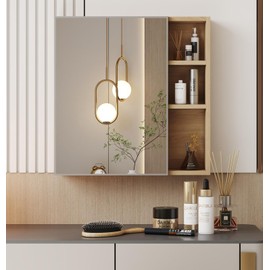 Klwenas Maec Bathroom Mirror Cabinet with Clear Mirror Surface, Multi-Function Mirror Cabinet with Storage for Bathroom Bedroom,Space-Saving Wall Mounted Design,Easy Assembly (Natural Wood)