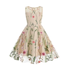 Girls' Mesh Embroidered Dress with Tulle & 3D Floral Embroidery - Perfect for Christmas, Weddings & Birthdays - Apricot, Size 11-12