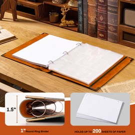 Ovesmusl Leather 3 Ring Binder 1 Inch Round Ring Binder Holds 200 Sheets 8.5"x11" Letter Size Paper, Wedding Family History Notebook Cover Loose Leaf Organizer, Brown