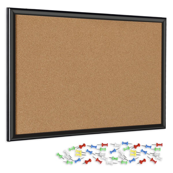 INNOVART Cork Bulletin Board 48" X 36" with 40 Push Pins, Corkboard with Black Wood Frame, Cork Notice Board for Home, Office, School