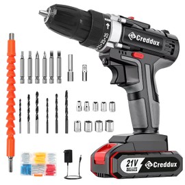 Creddux Cordless Drill Set 21v Power Drill Cordless With Battery & Charger, 84pcs Accessories Electric Drills Variable Speed, 3/8" Keyless Chuck (Black kit)